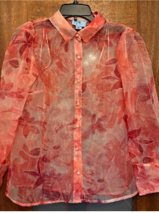 CeCe Tops - Cece Sheer Floral Button-Down Blouse in Coral
